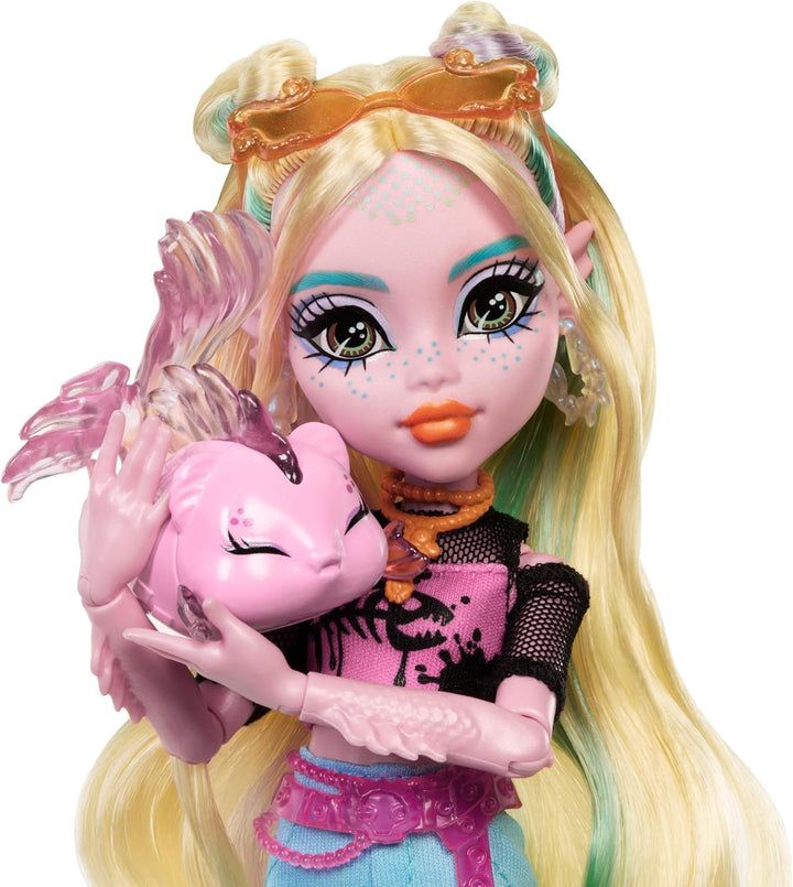 Monster High Lagoona Blue Puppe in Mesh-T-Shirt und Cargohose mit Haustierfisch Neptuna und Accessoi