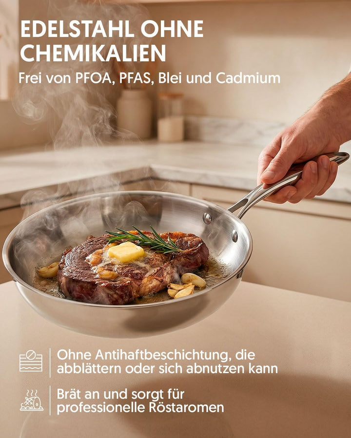 La Moustache - Pfannenset 3-teilig, aus Edelstahl ohne Beschichtung, 3 Bratpfannen, induktionsgeeign