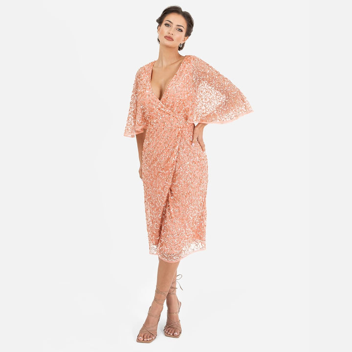 Maya Deluxe Damen Womens Midi Ladies Sequin Embellished Cape Sleeve Wrap Dress for Wedding Guest Bri