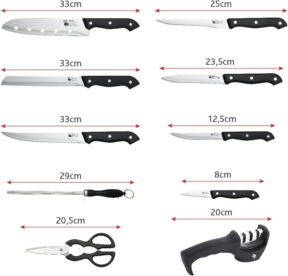 RENBERG TENESSY - Set 15-teilig Messer und Messerschärfer mit Holzmesserblock - Edelstahl - Schwarze