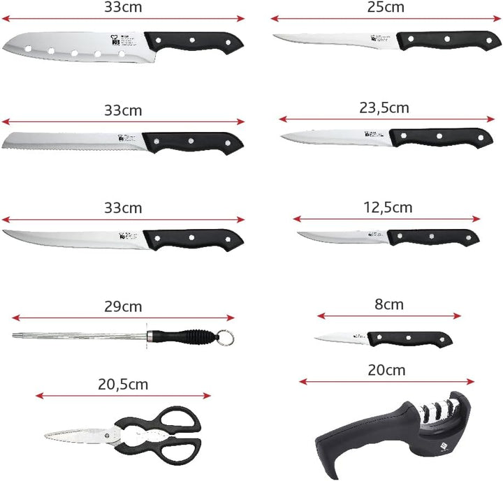 RENBERG TENESSY - Set 15-teilig Messer und Messerschärfer mit Holzmesserblock - Edelstahl - Schwarze