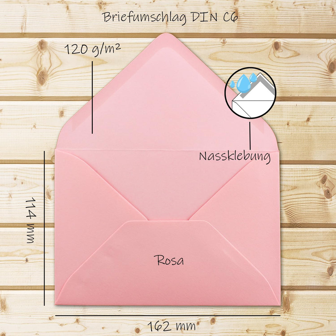 200 Brief-Umschläge - Rosa - DIN C6-114 x 162 mm - Kuverts mit Nassklebung ohne Fenster für Gruss-Ka