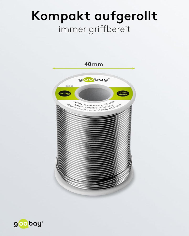 Goobay 40849 Lötzinn bleifrei ø 1,5mm Lötdraht mit Flussmittel, 0.3 % Silber & 0.7 % Kupfer, 217 °C