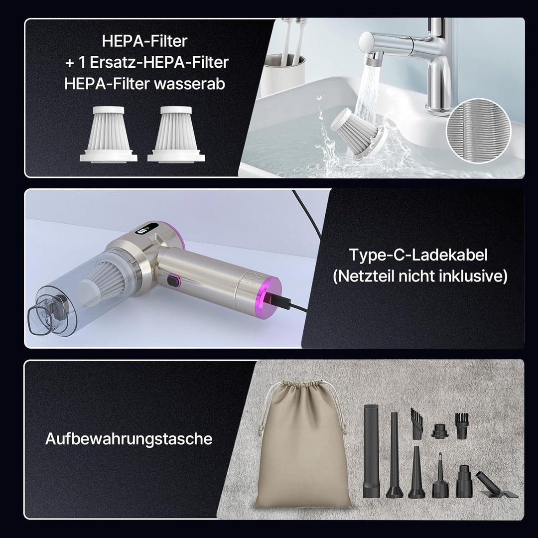 Piwaal Handstaubsauger Akku 4-in-1, 22000Pa kabellos Auto staubsauger mit Bürstenloser Motor, Elektr