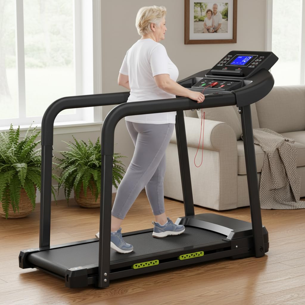 Walking Pad für Senioren, Klappbares Laufband mit Haltegriff & App, Elektrisches Laufband bis 135kg,