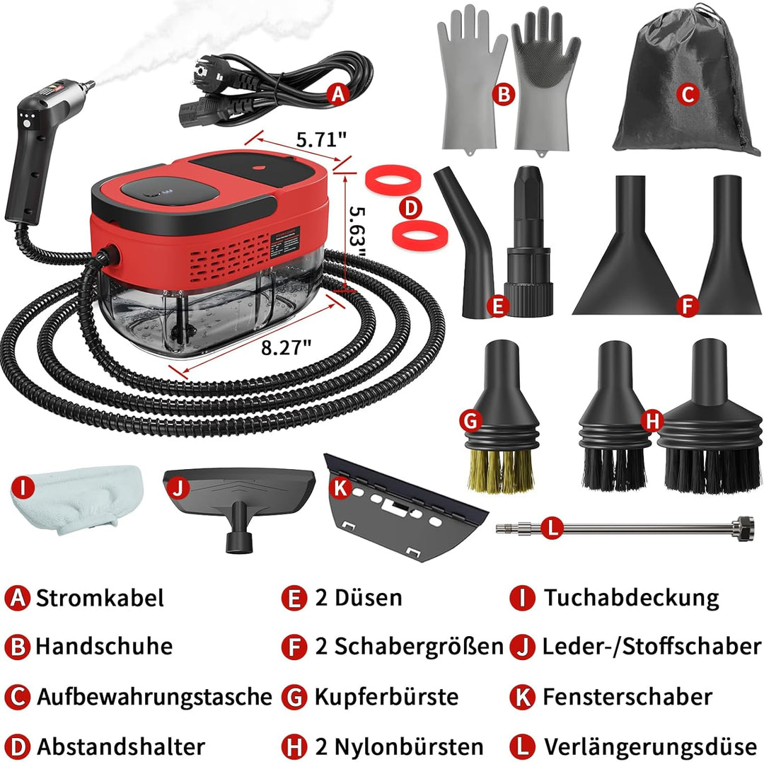 Dampfreiniger Handgerät, 2500W Handdampfreiniger mit 1,6-Liter-Wassertank, 15 Sekunden Aufheizzeit,