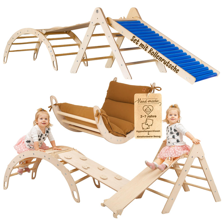 WoodsCraft 4in1 Set: Kletterdreieck mit Rutsche Indoor/Klettern Rampe, Rollenrutsche & Kletterbogen