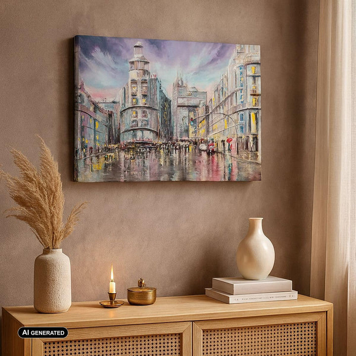 Bilder auf Leinwand 100x70cm Leinwandbild mit Rahmen Stadt Strasse Haus Gross Wanddeko Bild Schlafzi