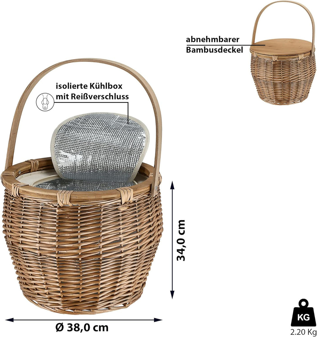 Picknickkorb mit Kühlfach│Picknicktisch Funktion │ Rattan 38x34cm Isoliertasche Holzdeckel │ Flechtk