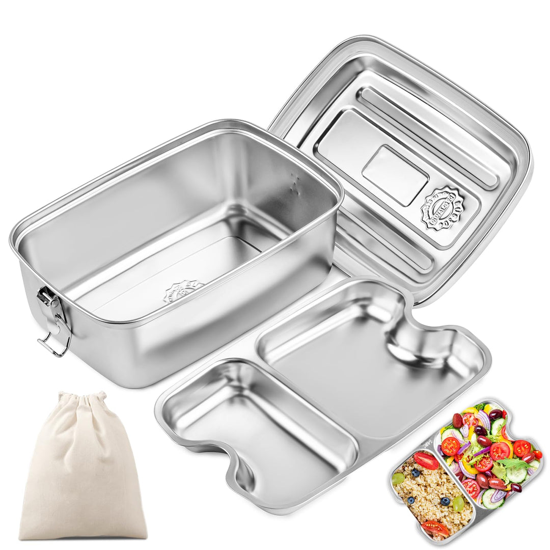 WuGU Brotdose Edelstahl 2000ML, Lunchbox Auslaufsicher Brotzeitdose mit Fächer und Dichtring, BPA-fr