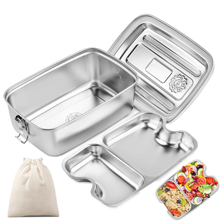 WuGU Brotdose Edelstahl 2000ML, Lunchbox Auslaufsicher Brotzeitdose mit Fächer und Dichtring, BPA-fr