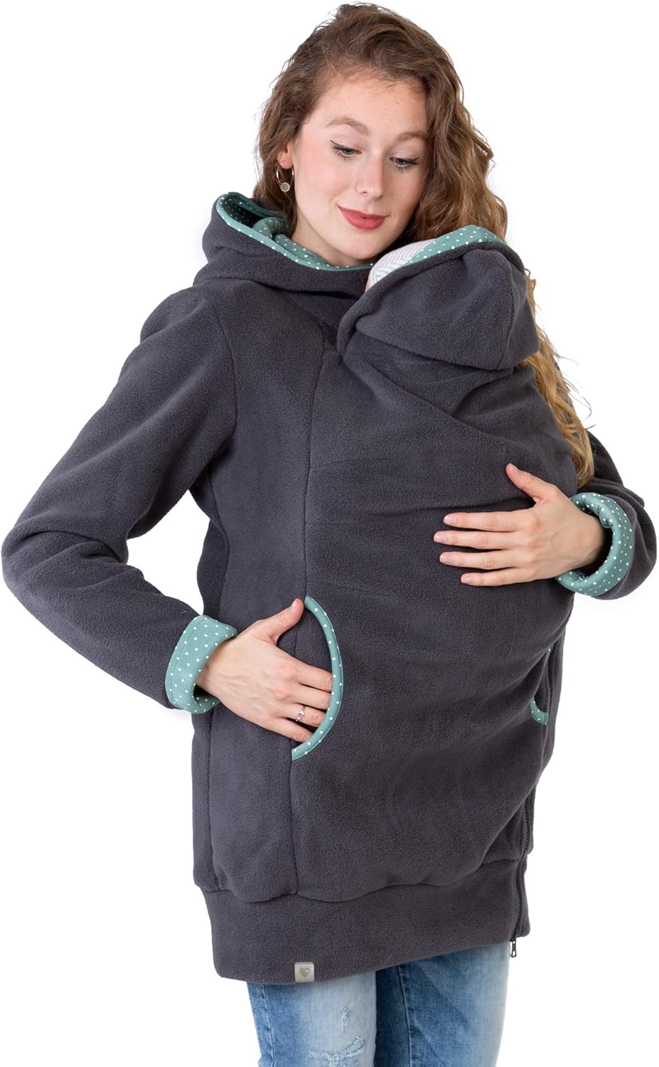 Viva la Mama Kängurujacke, Tragejacke für Baby aus Fleece - AHOI S Anthrazit / Punkte Mintgrün, S An