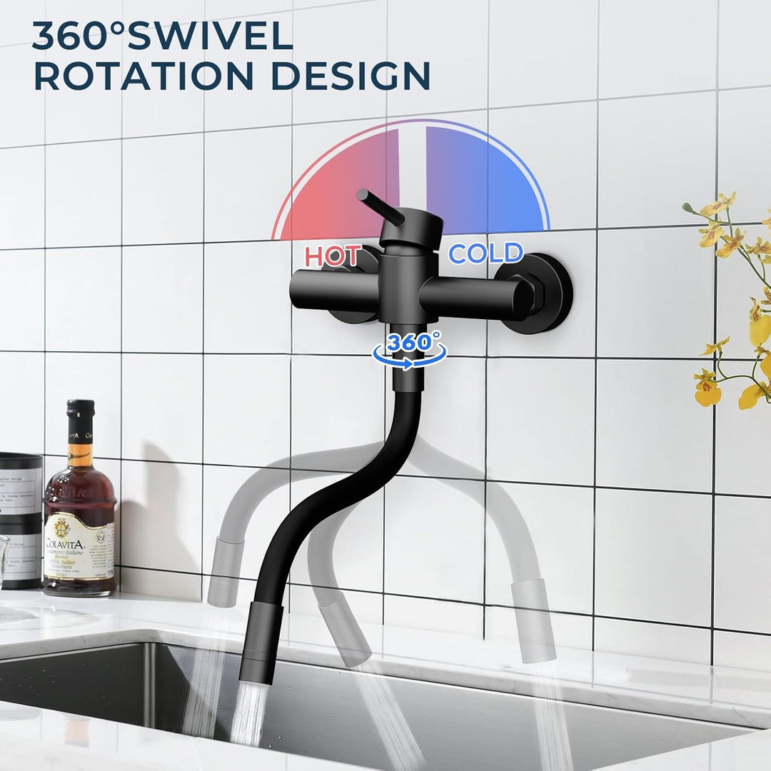 HURRAN Wasserhahn Wandmontage, 360° Schwenkbare Küchenarmatur mit Silikonschlauch, Einhebelmischer a