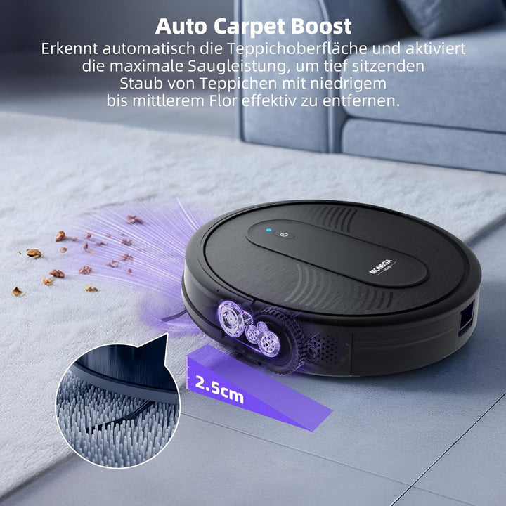 MONSGA Saugroboter mit Wischfunktion 4000PA, Saug und Wischroboter 3 in 1,140Min Laufzeit, 2 Bürsten