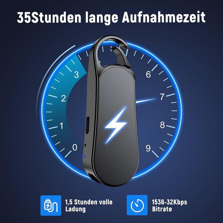 64GB Ponovo Diktiergerät im Schlüsselanhänger-Design mit Metallgehäuse, EIN-Tasten-Bedienung, 1536kb