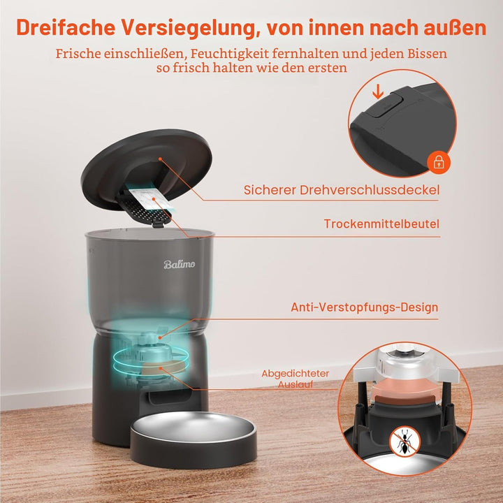 Balimo 3 l automatischer Katzenfutterspender | Futterspender für Katzen 2,4 G WiFi | Sprachfunktion