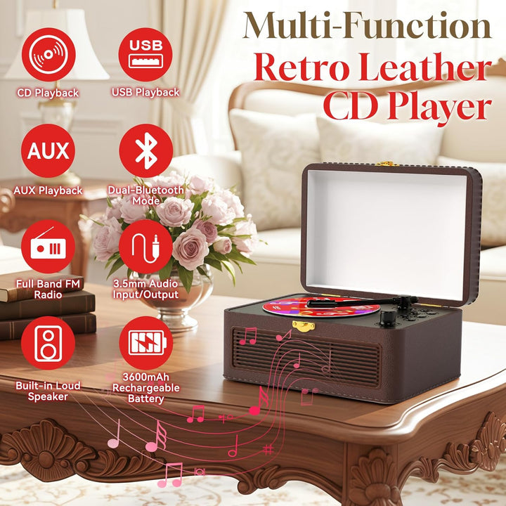 Gueray Tragbarer Bluetooth CD-Player mit Lautsprechern 3600mAh Wiederaufladbarer Vintage CD Spieler