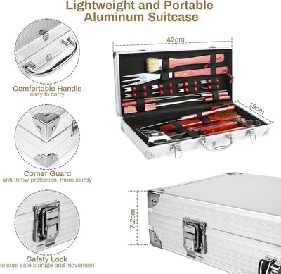 18 Stück Grillzubehör Grillbesteck Set mit Grillbürste，Grillzange Lang，Grillset aus Edelstahl mit Al