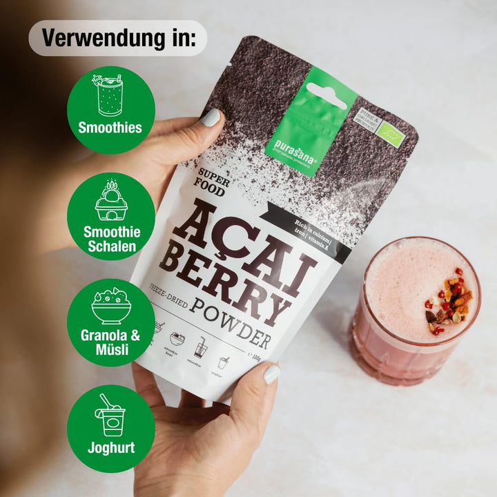 Purasana® Acai Pulver Bio - 100g Gefriergetrocknet, 100% Rohkost aus Acai-Beeren, Hochkonzentriert u