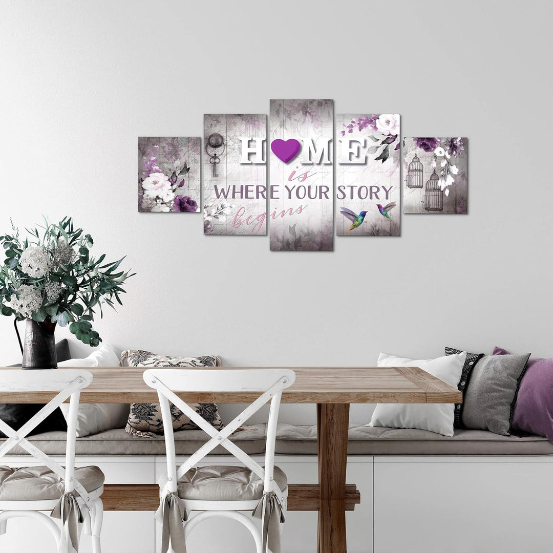 Runa Art Wandbilder Home 5 Teilig Bild auf Vlies Leinwand Deko Wohnzimmer Vintage Grau Lila 037652b