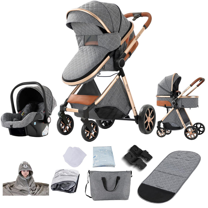 Prokoke Kinderwagen 3 in 1, Kinderwagen Set Einem Klick Faltbar, Kombikinderwagen 3 in 1 mit Umkehrb
