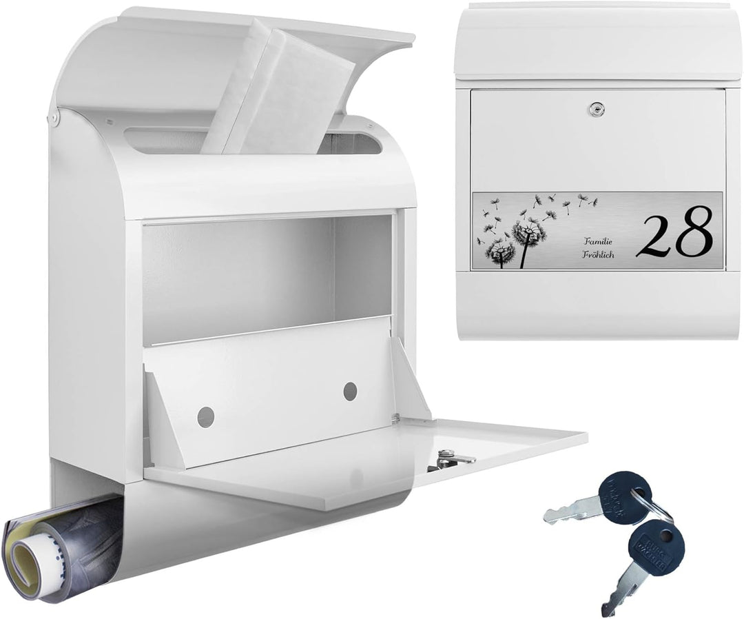banjado® Briefkasten personalisiert mit graviertem Namensschild in Silber/Briefkasten weiss 39x47x14