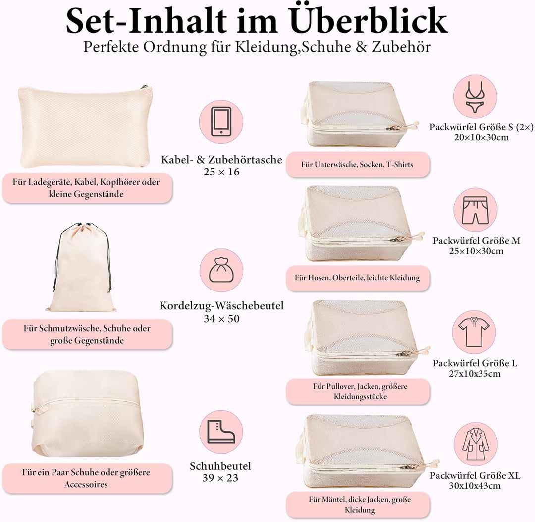 Koffer Organizer Set Kompression 8-teilig – Platzsparende Packwürfel mit Doppelreissverschluss – Was