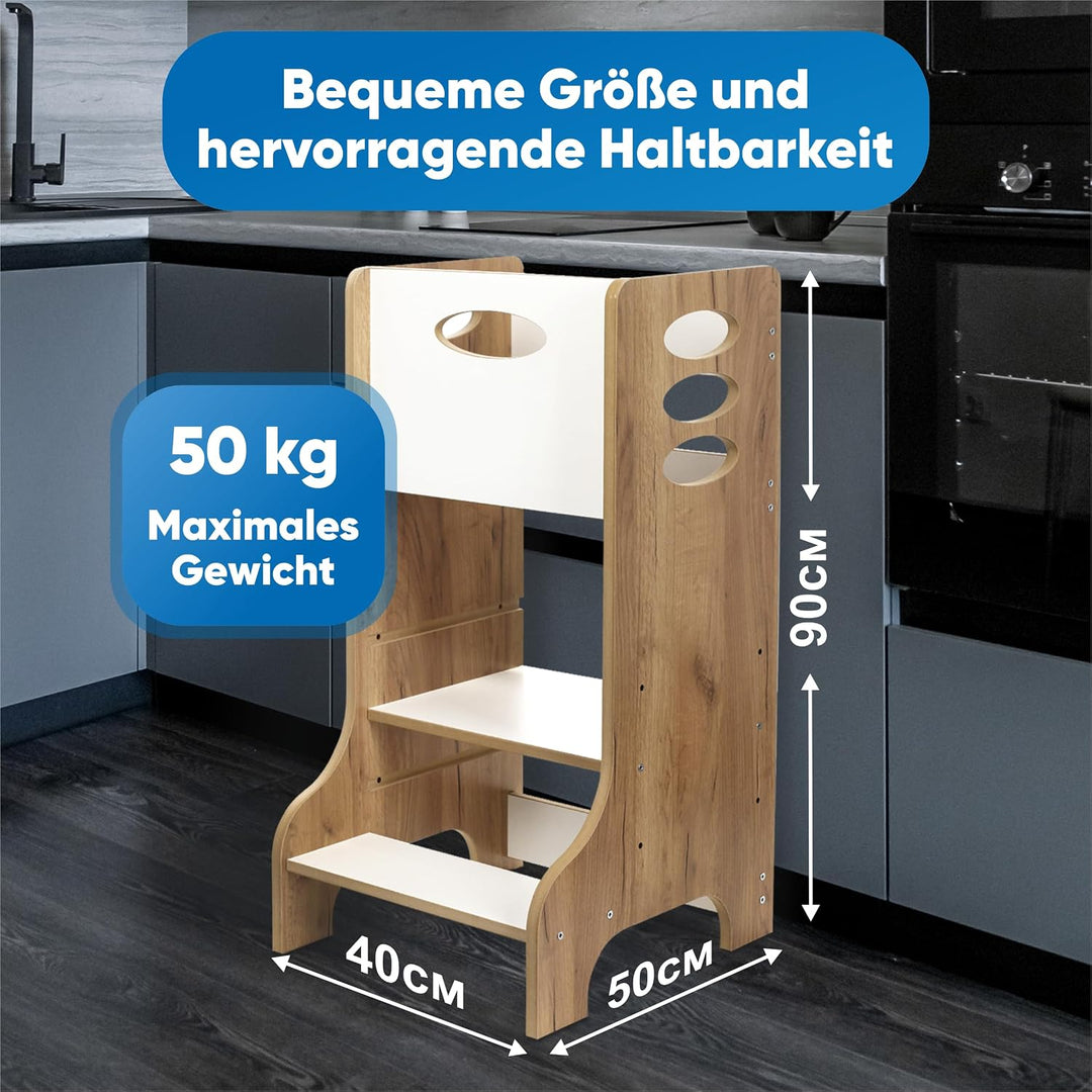 Kitchen Kids Helper Lernturm ab 1 Jahr - Höhenverstellbarer Lernturm Montessori Eiche-Weiss 90cm - S