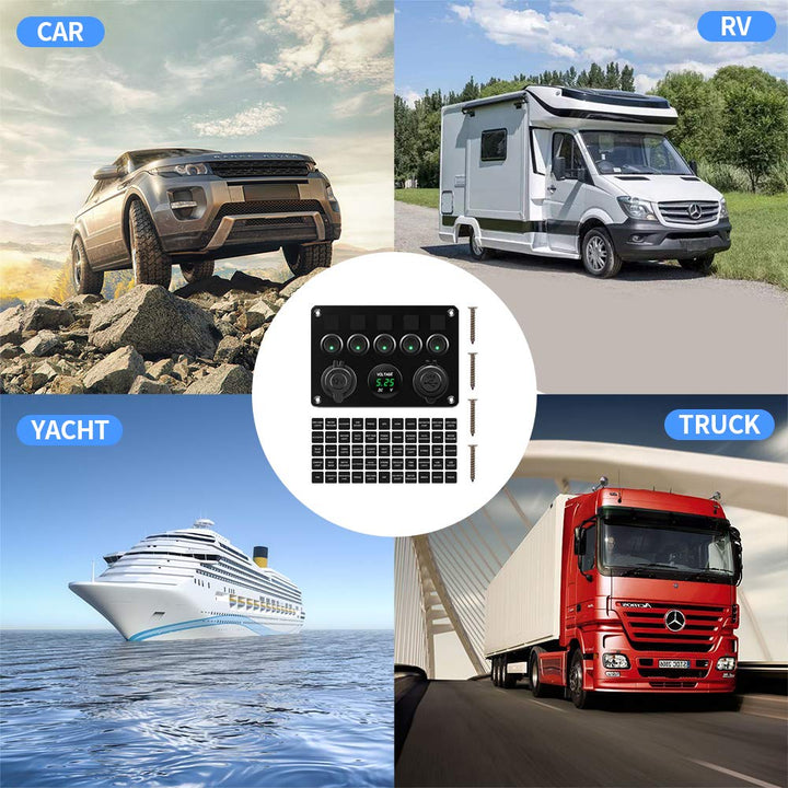 KAOLALI Schaltpanel 12V/24V Kippschalter 5 Gang IP65 Wasserdicht + 4.2A Dual USB Ladegerät + Zigaret
