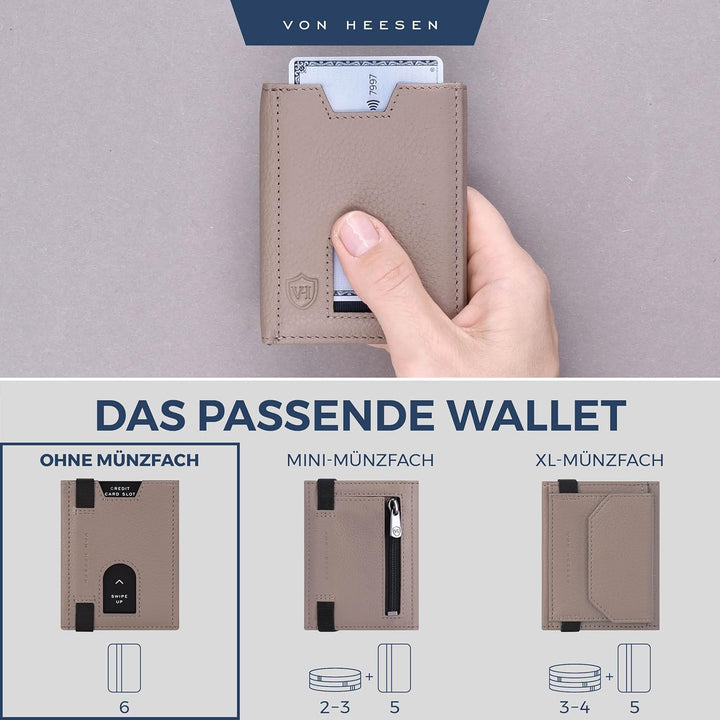 VON HEESEN Leder Slim Wallet - Geldbeutel mit RFID Schutz - Mini Geldbörse für Herren und Damen - Ka