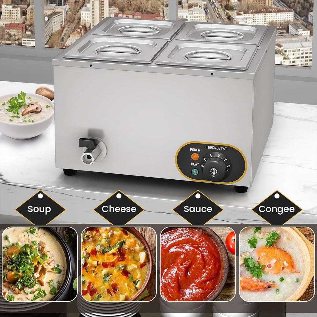 MOOTACO Elektrischer Wasserbad aus Edelstahl, Buffet, 4 x 1/6 mit Deckel, einstellbare Temperatur 30
