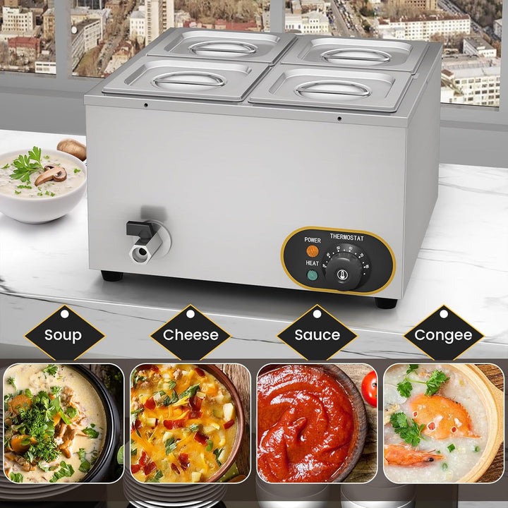 MOOTACO Elektrischer Wasserbad aus Edelstahl, Buffet, 4 x 1/6 mit Deckel, einstellbare Temperatur 30