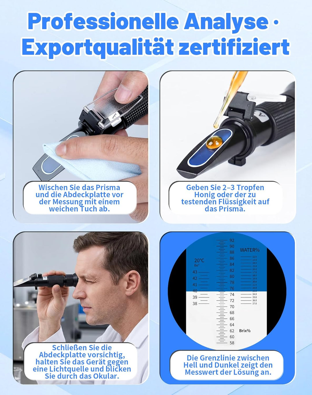 3-in-1 Honig Refraktometer mit ATC Brix 58-92% Wassergehalt 12-27% Baumé 38-43°Bé inkl. 72,2% Kalibr