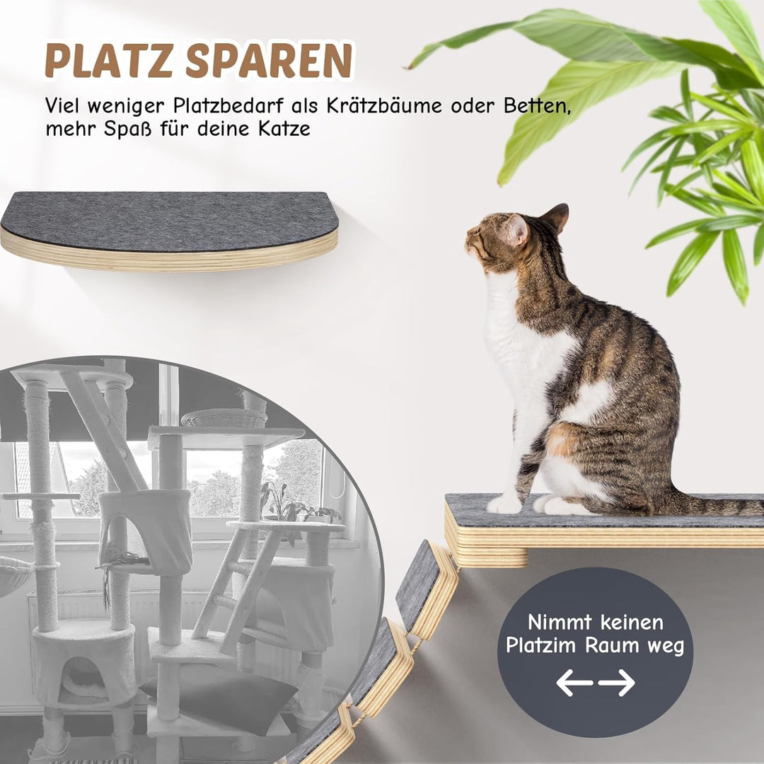 5-in-1 Katzen Kletterwand Set - aus Birkenholz | Katzen Wandelemente mit Katzenbett & Laufsteg | Max