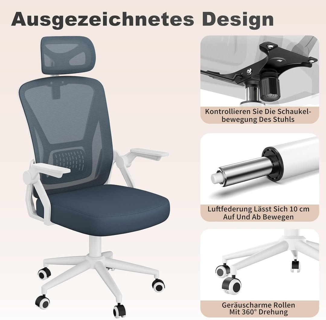 naspaluro Ergonomischer Bürostuhl, Schreibtischstuhl mit 90° Klappbaren Armlehnen, Einzigartige Lend
