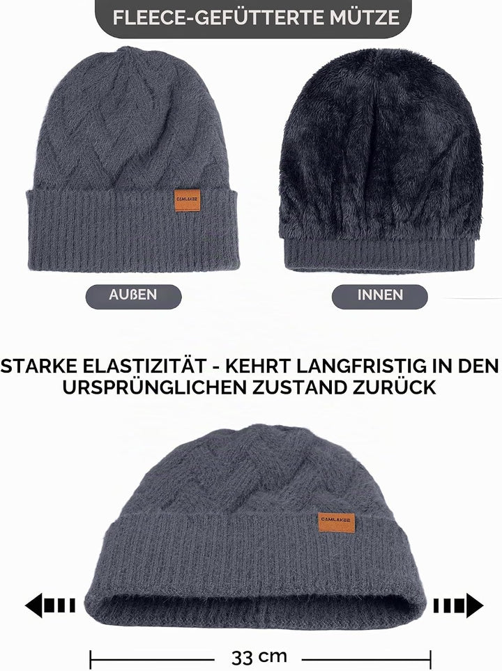CAMLAKEE Wintermütze Schal Handschuhe Set Damen Strickmütze Handschuh Nackenwärmer Frauen Strickset