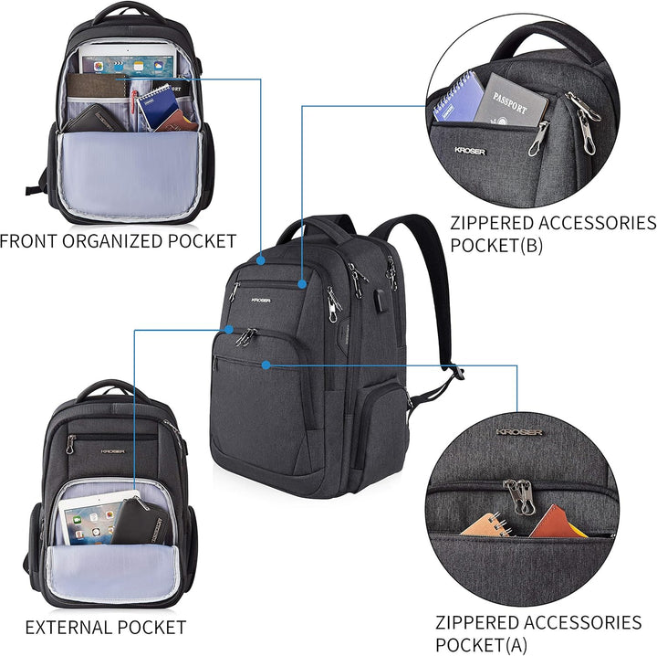 KROSER Laptop Rucksack 17,3'' Business Rucksack Schulrucksack Grosser Wasserdicht Taschen Reise Back