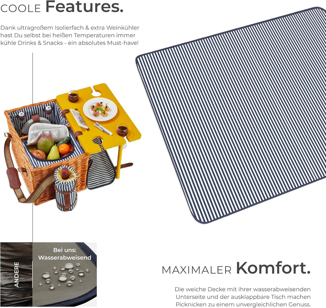 tectake® Picknickkorb und Picknickdecke 4 Personen, befüllter Picnic Basket Weidenkorb für Ausflug,
