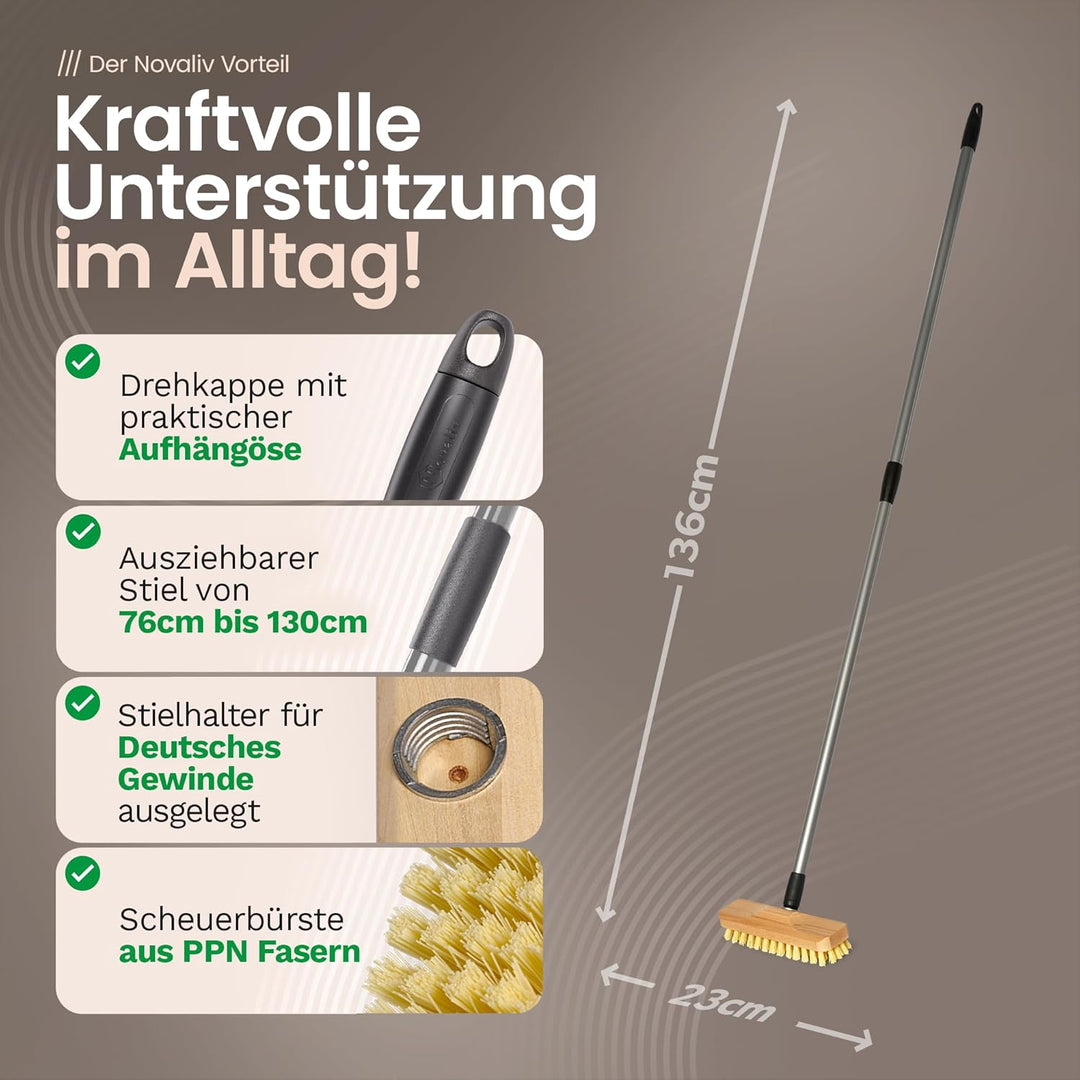 Schrubber aus Holz mit Borsten| Wischer mit Gewinde und Teleskopstiel| Scheuerbürste PPN| Boden-Bürs