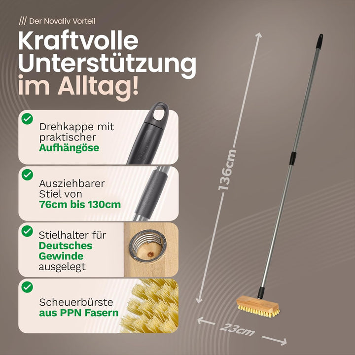 Schrubber aus Holz mit Borsten| Wischer mit Gewinde und Teleskopstiel| Scheuerbürste PPN| Boden-Bürs