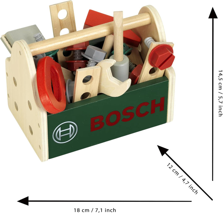 Theo Klein 8161 Bosch Werkzeug-Box aus Holz I Stabile Box mit praktischem Tragegriff I Inkl. Werkzeu
