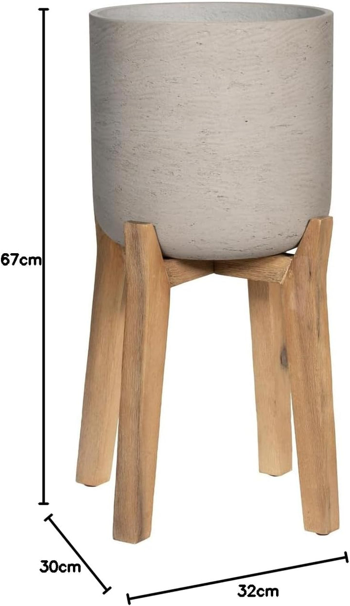 Finestgreen Charlie Feet High | Handgefertigtes Pflanzgefäss auf Holzfüssen (XL Ø:40 H:67 cm, Grau)