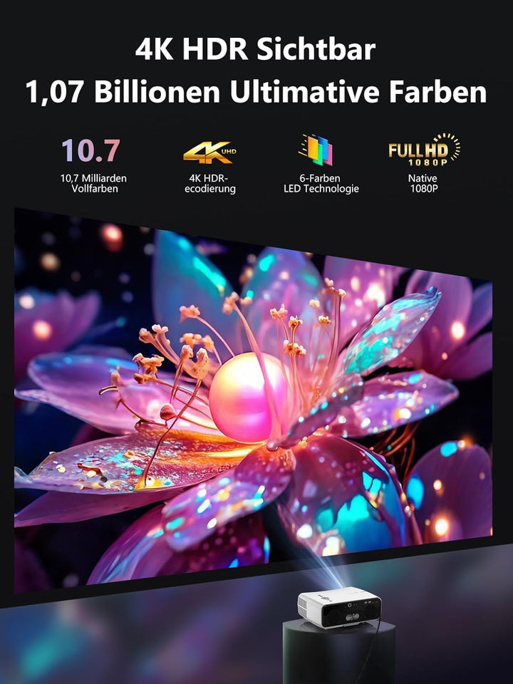 Smart 4K Beamer LED Tageslicht Projektor 2400 ANSI HDR 10 mit WiFi6 Bluetooth5.4 HDMI eARC/CEC, ToF-