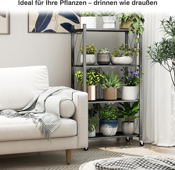 ALANNG Blumenständer mit Rädern, 4 Ablagen Stabiler Pflanzenständer, Metall Pflanzenregal Indoor Ein