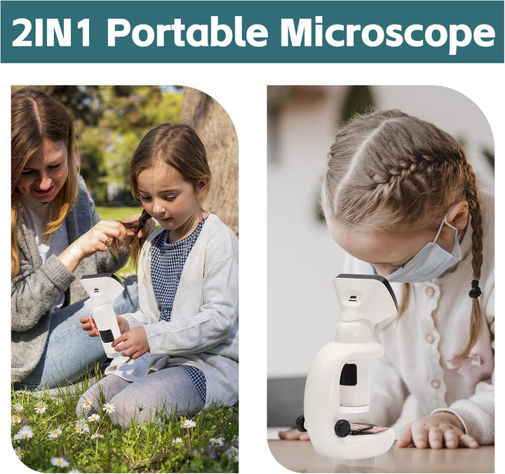 2in1 Mikroskop für Kinder,Tragbares Mikroskop für Kinder mit 2.4 Zoll LCD-Display und 1000X Grosse V