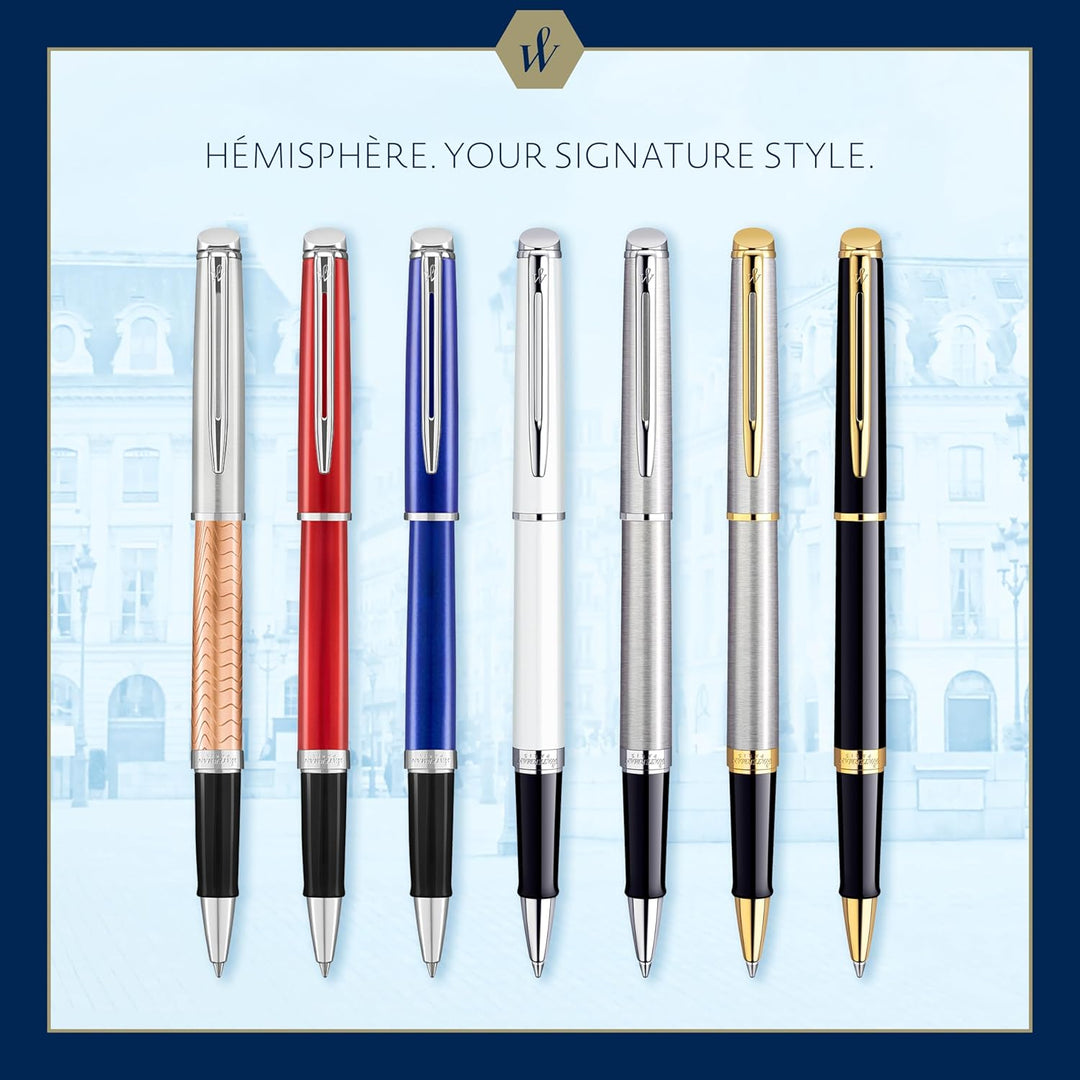 Waterman Hémisphère Tintenroller , Edelstahl mit Zierteile aus 23 K Gold , feine Spitze , Schwarze T