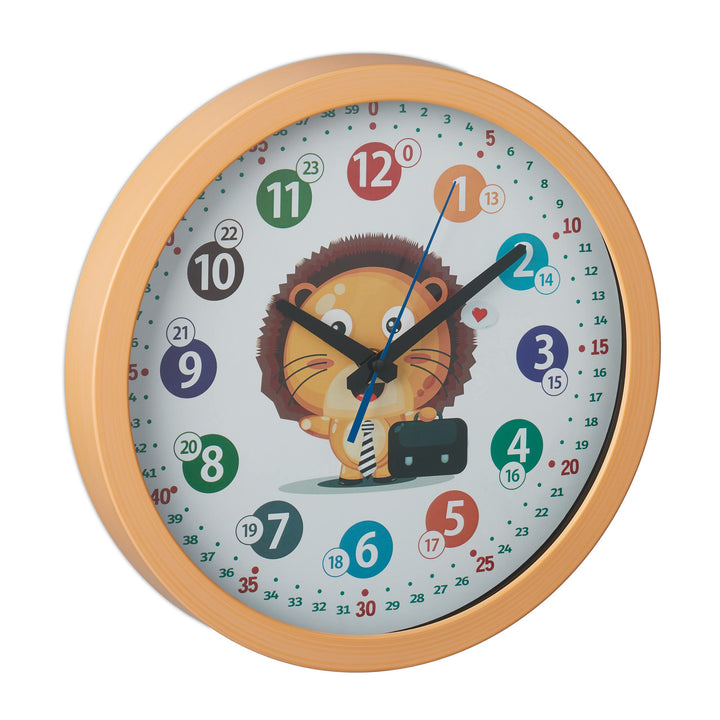 Relaxdays Wanduhr Kinder, Ø 30 cm, Kinderzimmeruhr Löwe, Bunte Zahlen, Uhrzeit Lernen, Lernuhr Junge