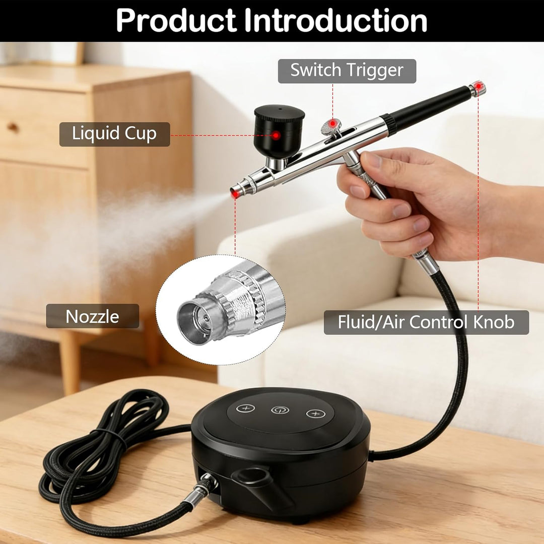 Airbrush Set, mit Kompressor, 3-stufige Druckregelung (bis 60 PSI), 5 Düsen und Zubehör, für Modellb