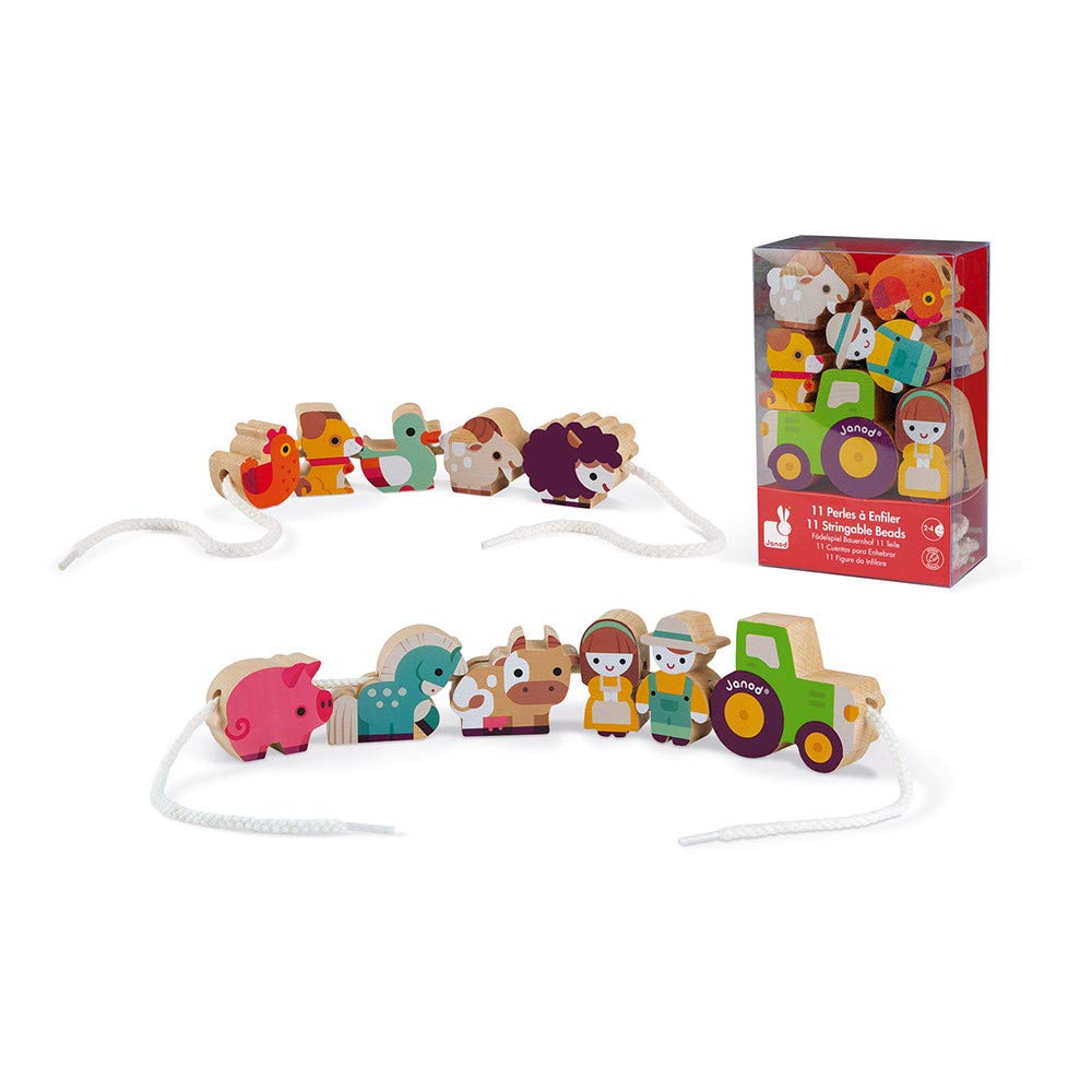 Janod - Set of 11 Solid Wood Bead Figurines - Double Sided - Farm Theme - From 2 years, J05315 Gesch