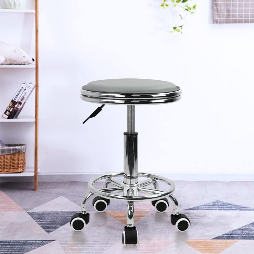 KKTONER Rollhocker Drehhocker höhenverstellbar mit Fussstütze aus PU Leder Grau, Grau